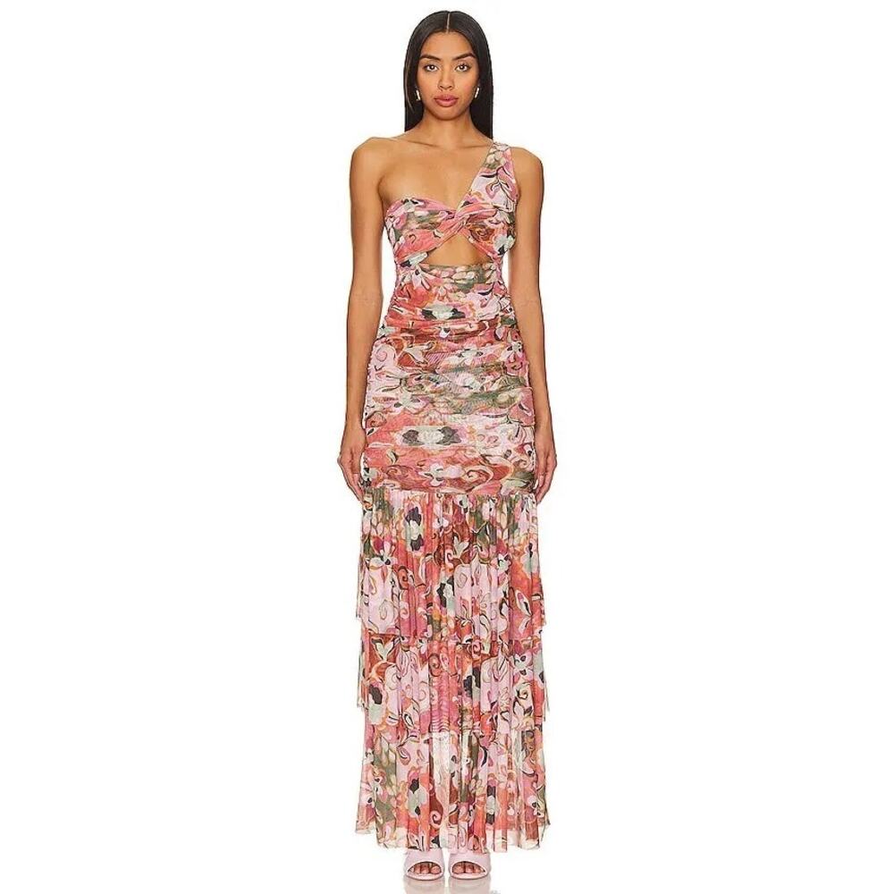 MISA Los Angeles Alethea One Shoulder Dress Resort Batik Mesh Large NWT